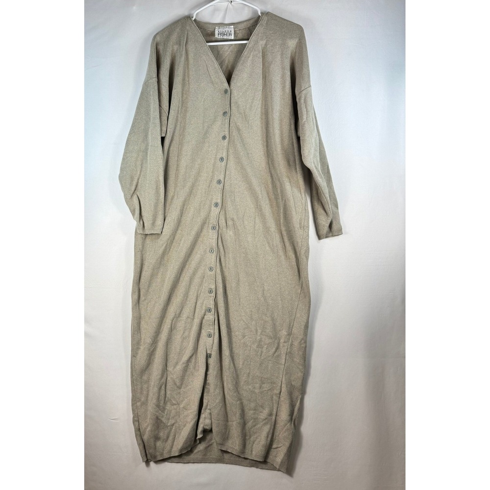 Eileen Fisher Tan Marled Knit Button Front Maxi Cardigan Dress VNeck Long Sleeve
